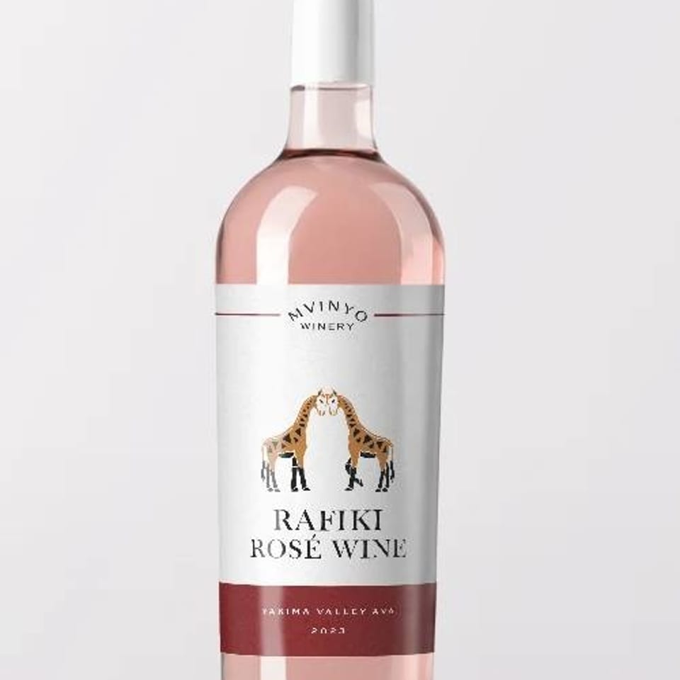 Bottle of Raifiki Rosé Wine from MinYō Winery, featuring giraffe artwork and a pink Yakima Valley rosé.